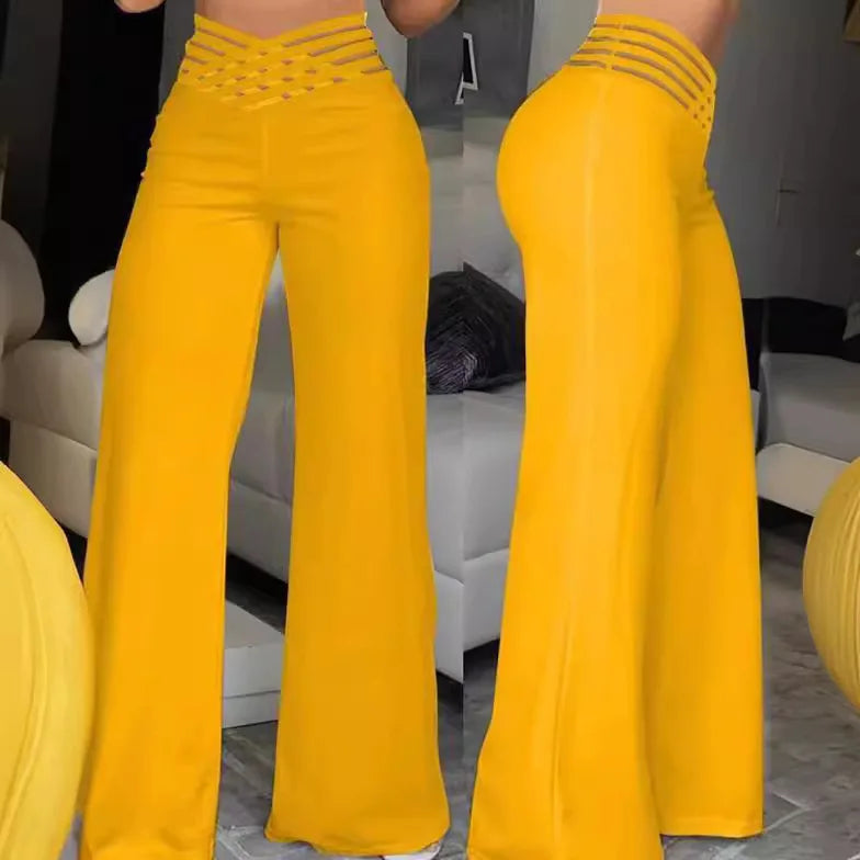 High Waist Loose Long Pants Wide Leg Pants Hollow out Belt Casual Loose Fit Ladies Fashion Polyester Fiber Printed