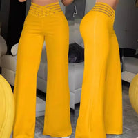High Waist Loose Long Pants Wide Leg Pants Hollow out Belt Casual Loose Fit Ladies Fashion Polyester Fiber Printed