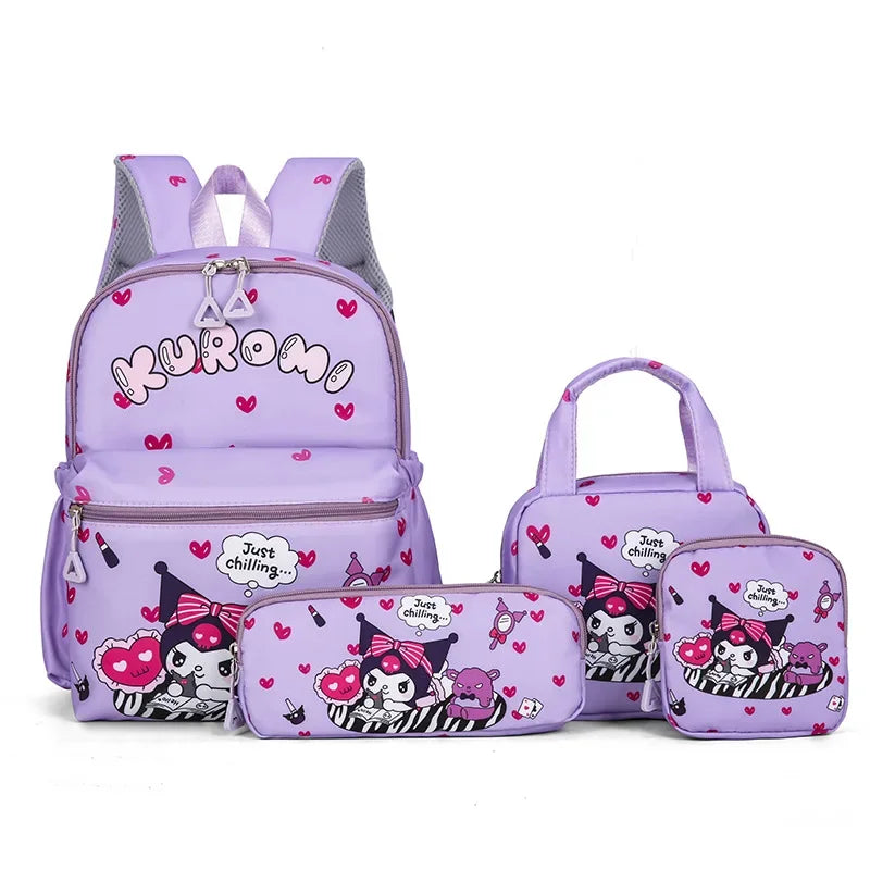 Set de 4 Piezas Mochila Escolar Kuromi Hello Kitty - Alta Capacidad para Niñas