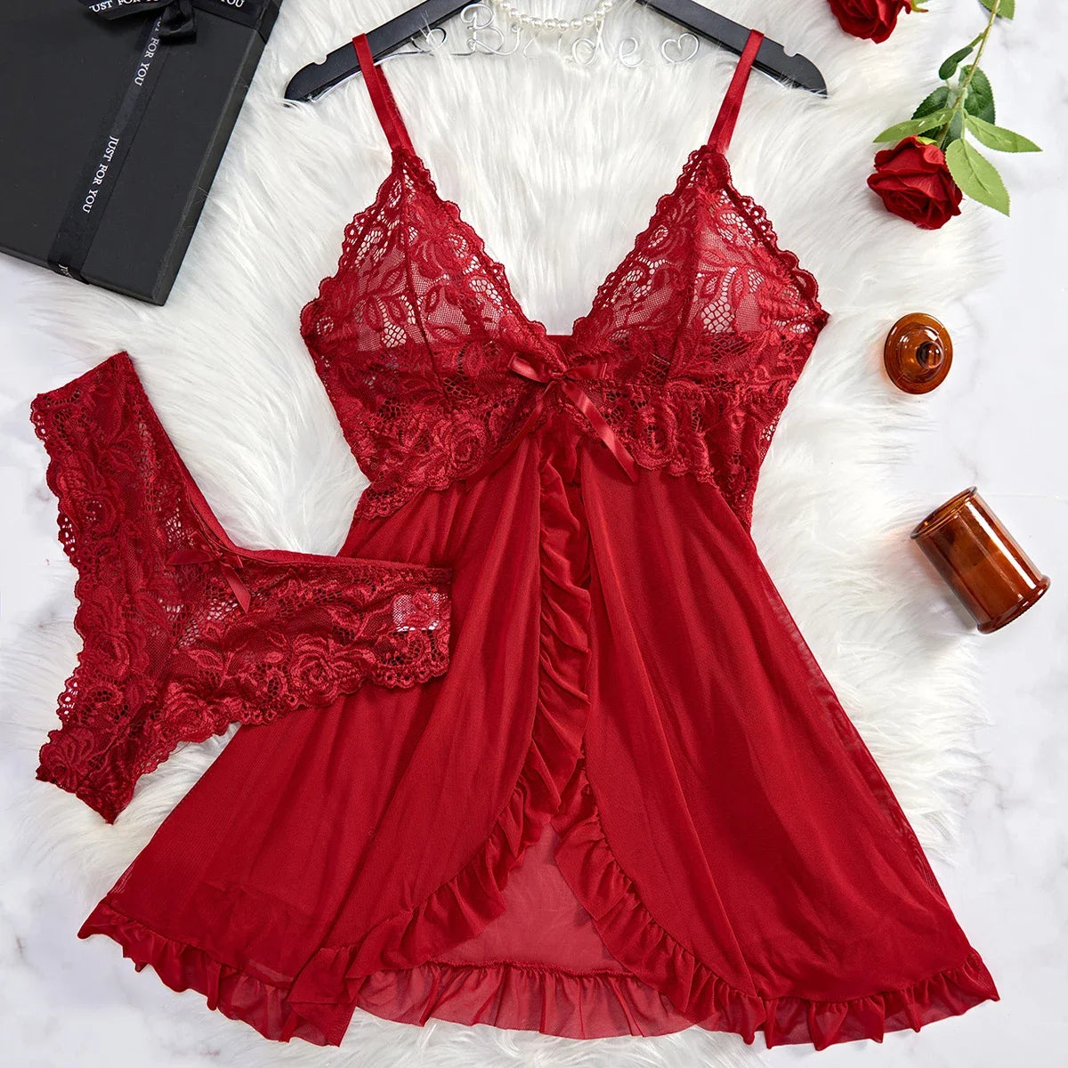 Conjunto de Lencería de Encaje 2 Piezas - Camisón Transparente con Sostén y Panty