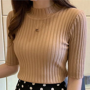 Half High Collar Short Sleeve Knit Pullover – Solid Women's Blouse