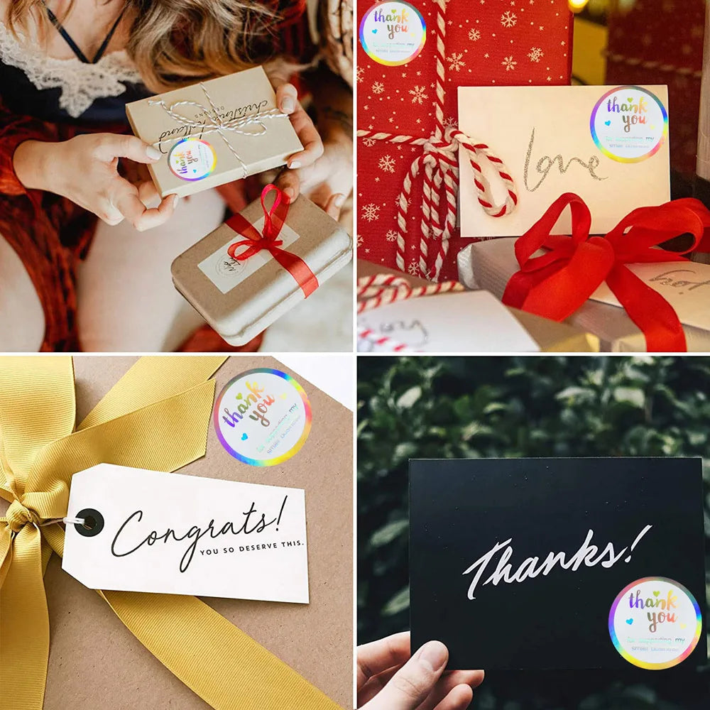 50-500pcs Rainbow Laser Thank You Stickers 1 Inch White Thank You Small Business Sticker For Crafts Gift Packaging
