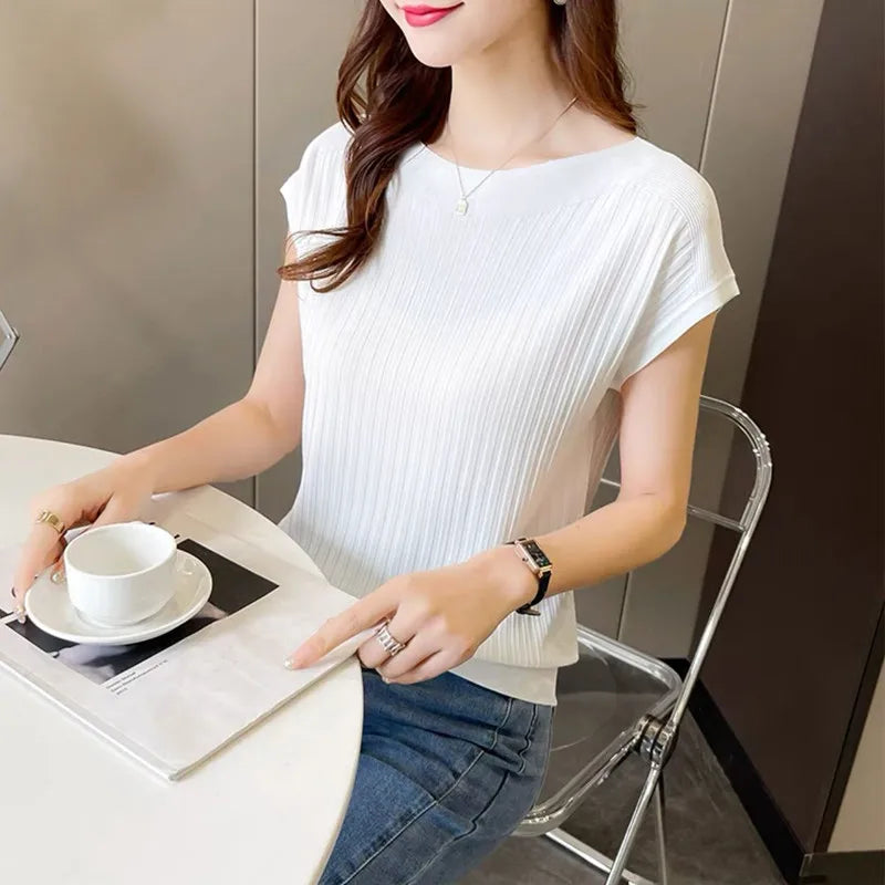 Slash Neck Short Sleeve Knit Pullover – Loose Fit Solid Women's Summer Sweater