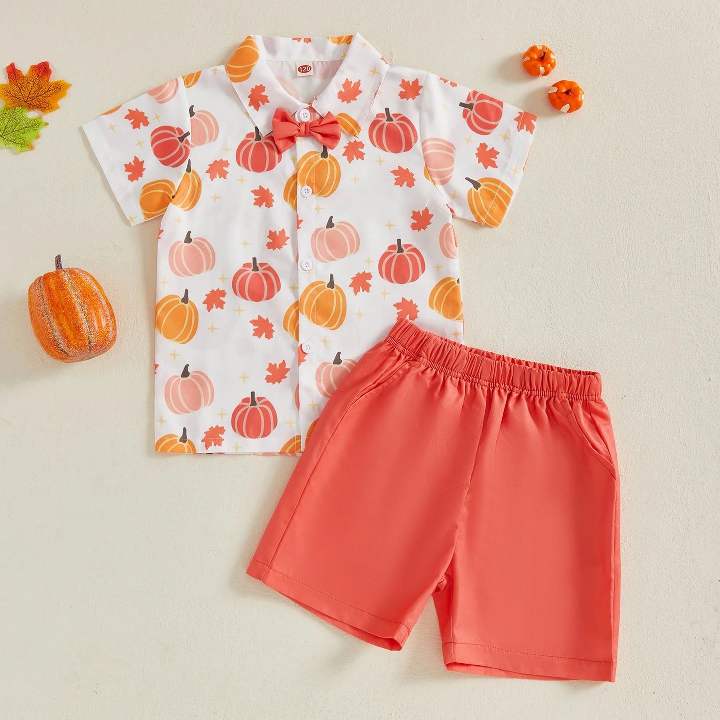 Baby Boys Thanksgiving Outfit Set Turkey and Pumpkin Print Long Sleeve Lapel Shirt Solid Shorts 2 Piece Clothes Set