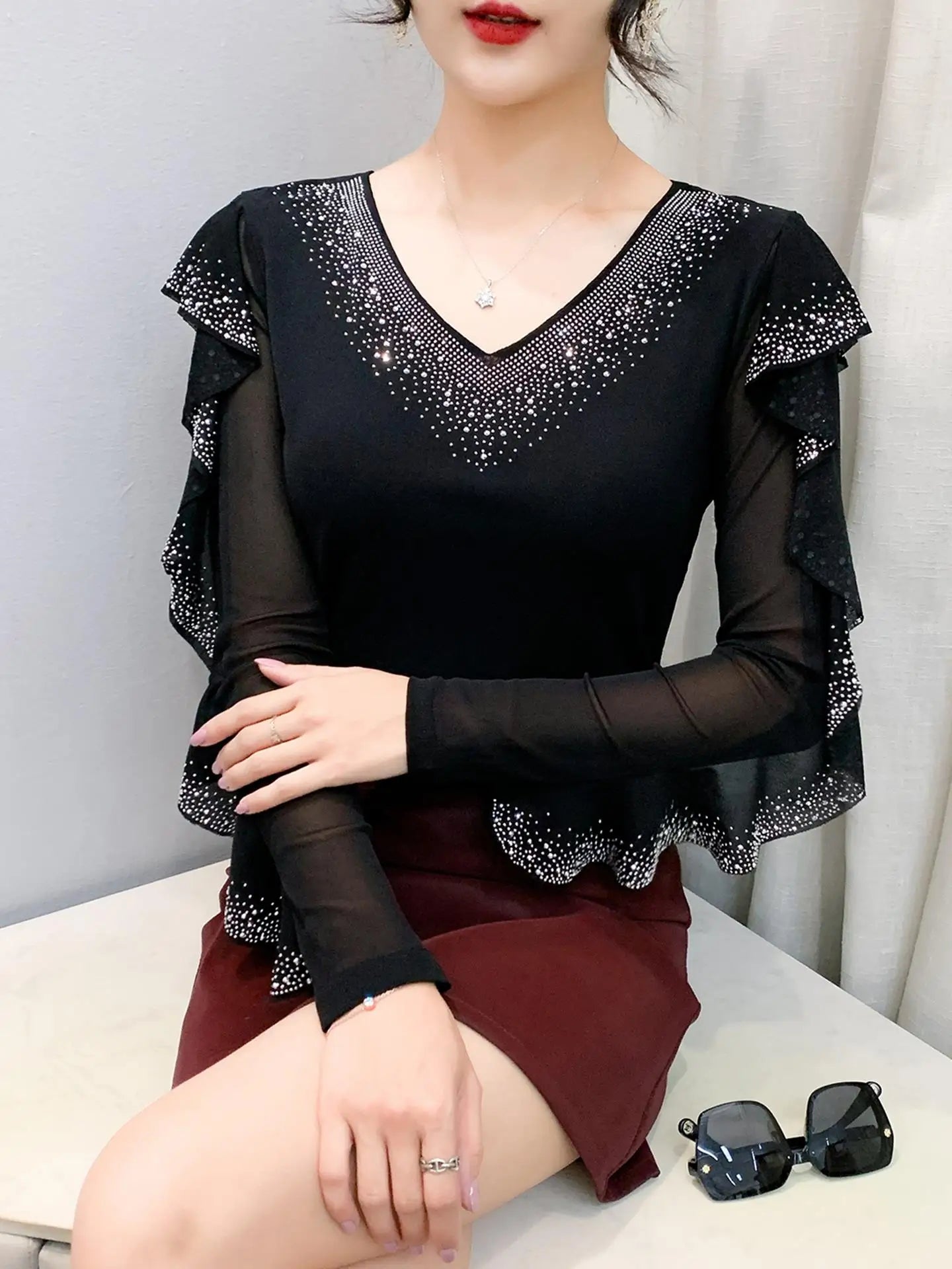 Women's Long Sleeve V-Neck Top | Flounce Sleeves, Lace & Sequin Detail, Slim Fit