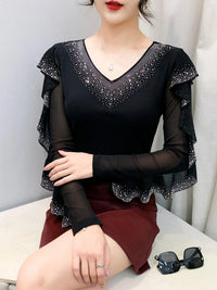 Women's Long Sleeve V-Neck Top | Flounce Sleeves, Lace & Sequin Detail, Slim Fit