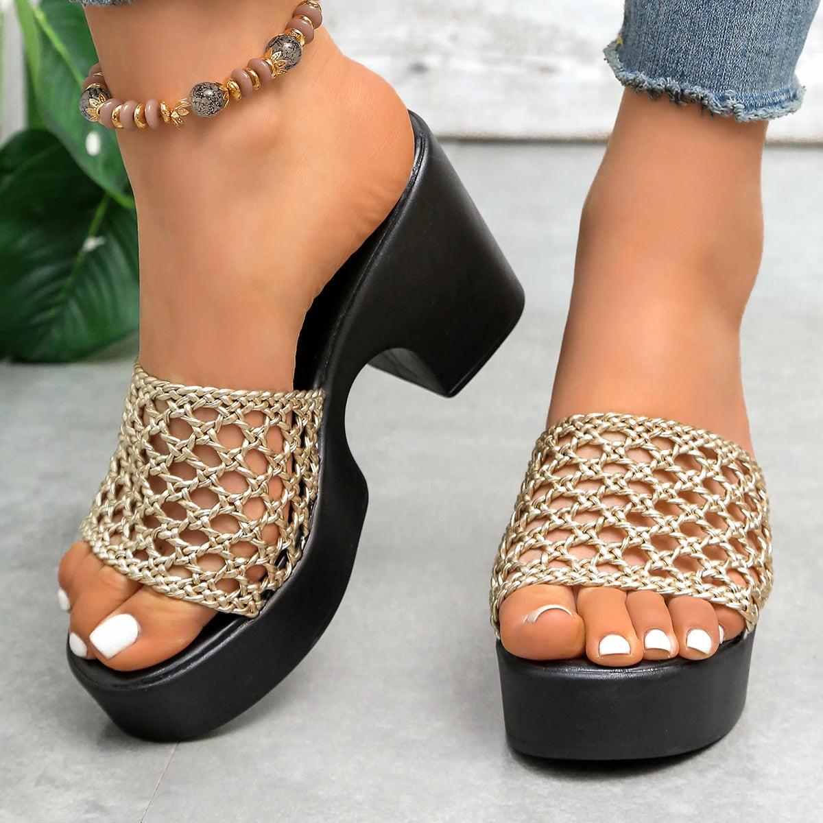 Women's Platform Chunky Heel Woven Slippers | Open Toe Hollow Sandals | US 5.5–10