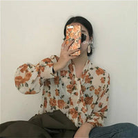 Retro Floral Lace-Up Bow Collar Long Sleeve Blouse – Korean Style Women's Top