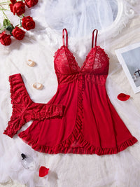 Conjunto de Lencería Sexy de Encaje para Mujer - Camisola Transparente con Panty a Juego