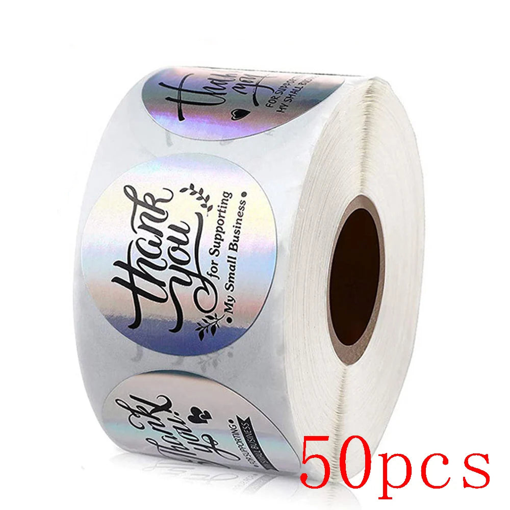 50-500pcs Rainbow Laser Thank You Stickers 1 Inch White Thank You Small Business Sticker For Crafts Gift Packaging