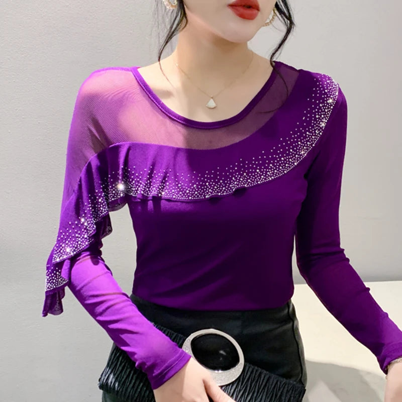 Korean Mesh Ruffle Top with Hot Diamonds | Long Sleeve Slim Fit Women's Shirt
