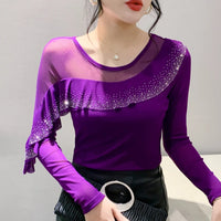 Korean Mesh Ruffle Top with Hot Diamonds | Long Sleeve Slim Fit Women's Shirt
