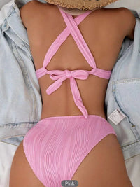 Cross String High Waist Bikini Set – Solid Color, Wire-Free, Padded | Women's Swimwear