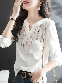 Embroidered V-Neck Blouse - White Long Sleeve Top