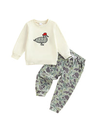 Toddler Boy 2-Piece Winter Outfit Hooded Bear Embroidery Jacket Fleece Lined Pants Set Cozy Clothes for Cold Weather