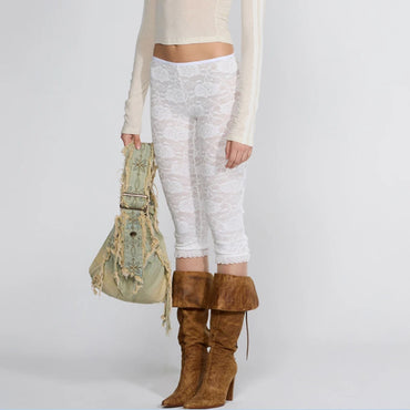 Leggings de Encaje Transparente Estilo Y2K - Mallas Capri con Malla Floral y Lazo Decorativo