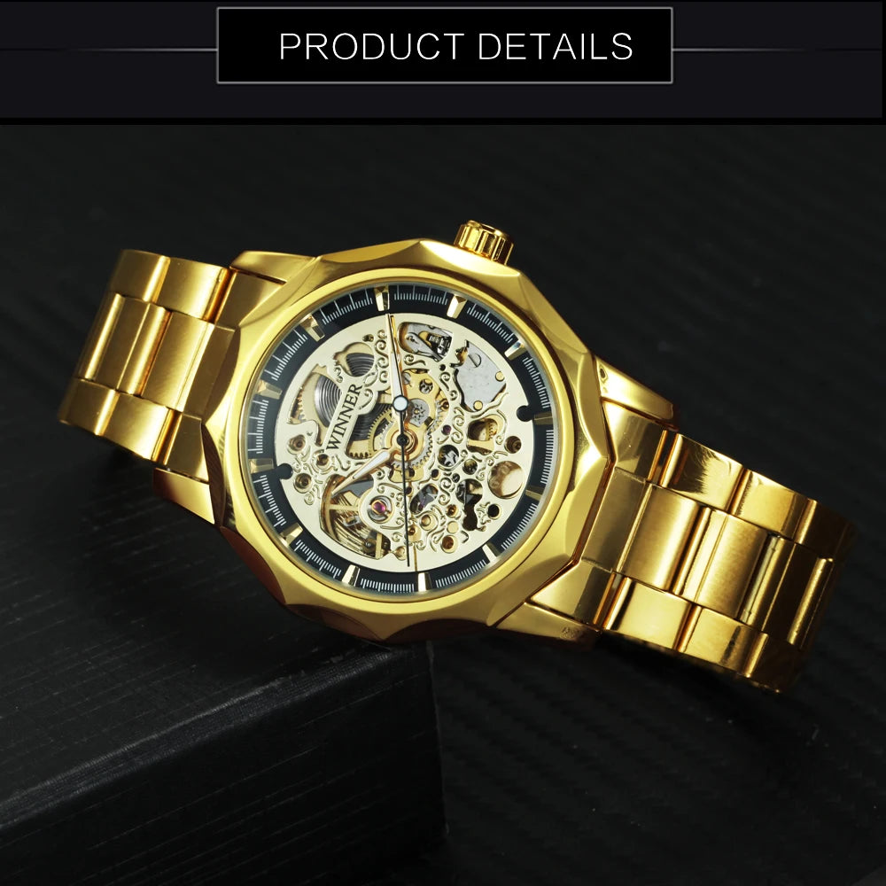 WINNER Luxury Retro Skeleton Automatic Mechanical Watch for Men Luminous Hands Stainless Steel Strap Business Mens Watches Gifts