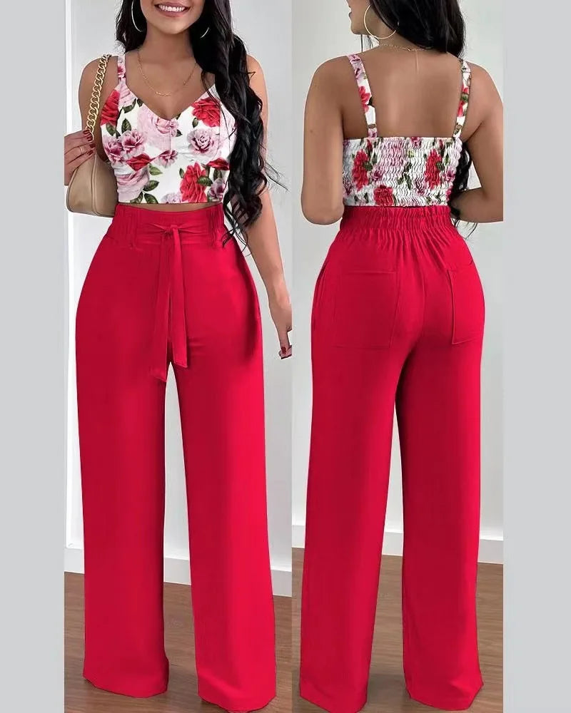 Women's V-Neck Shirred Crop Top & Wide Leg Pants Set | Elegant 2-Piece Office Suit