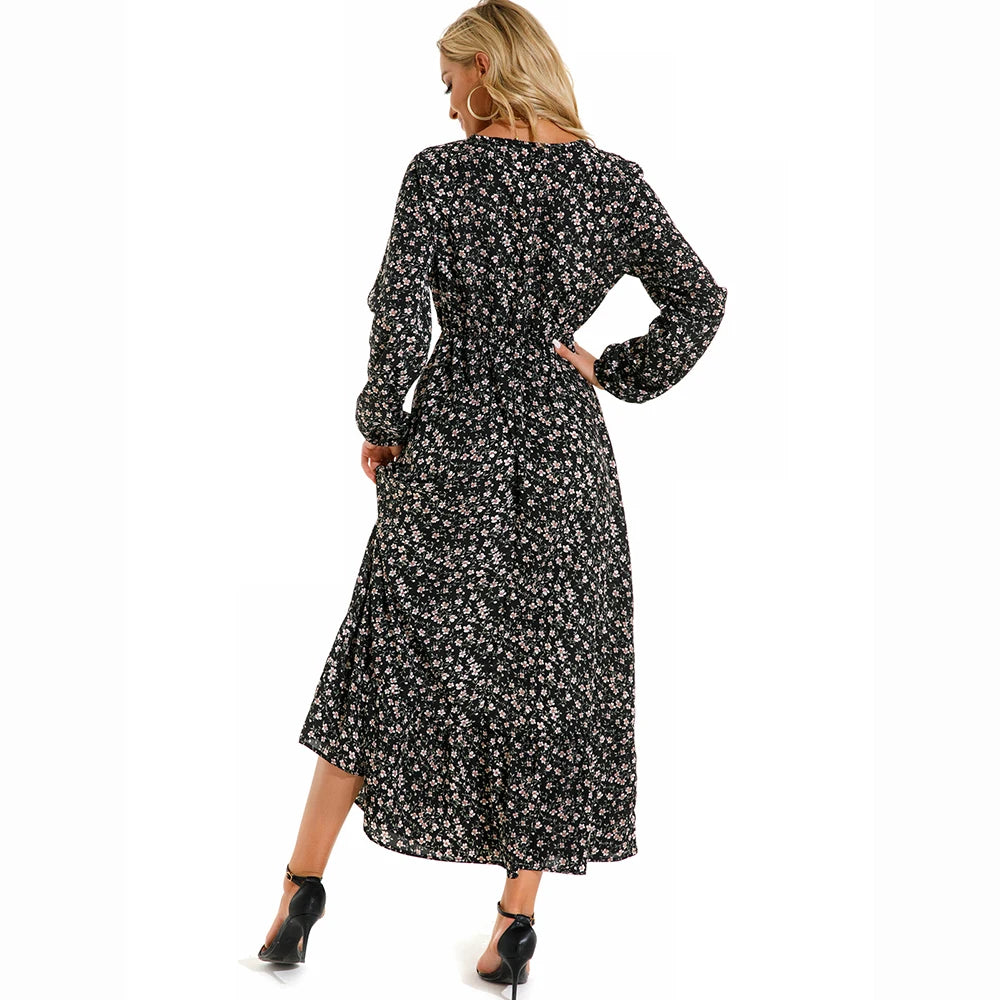Vestido Maxi Mujer Bohemio - Manga Larga Cintura Alta Estampado Floral Chiffon Playa