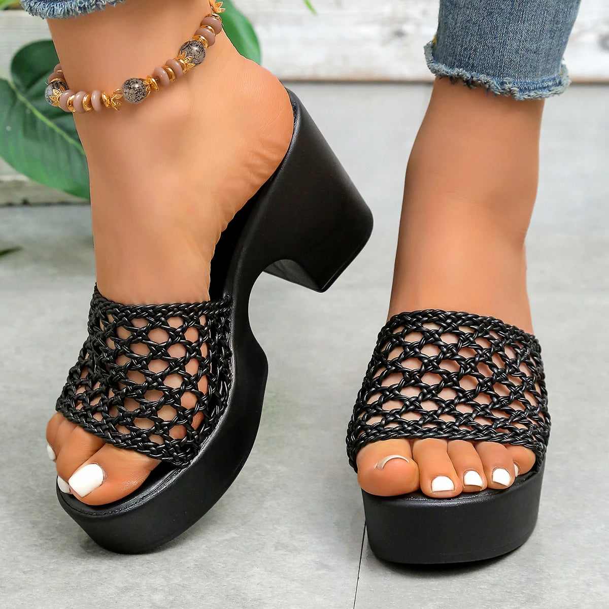 Women's Platform Chunky Heel Woven Slippers | Open Toe Hollow Sandals | US 5.5–10