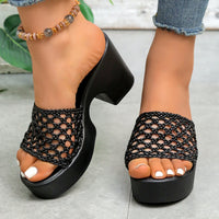 Women's Platform Chunky Heel Woven Slippers | Open Toe Hollow Sandals | US 5.5–10