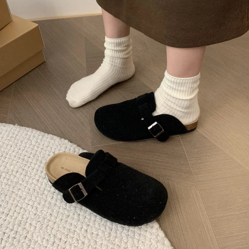 Pantuflas de Fieltro con Base de Corcho para Mujer - Zuecos Cerrados Cálidos con Forro de Felpa