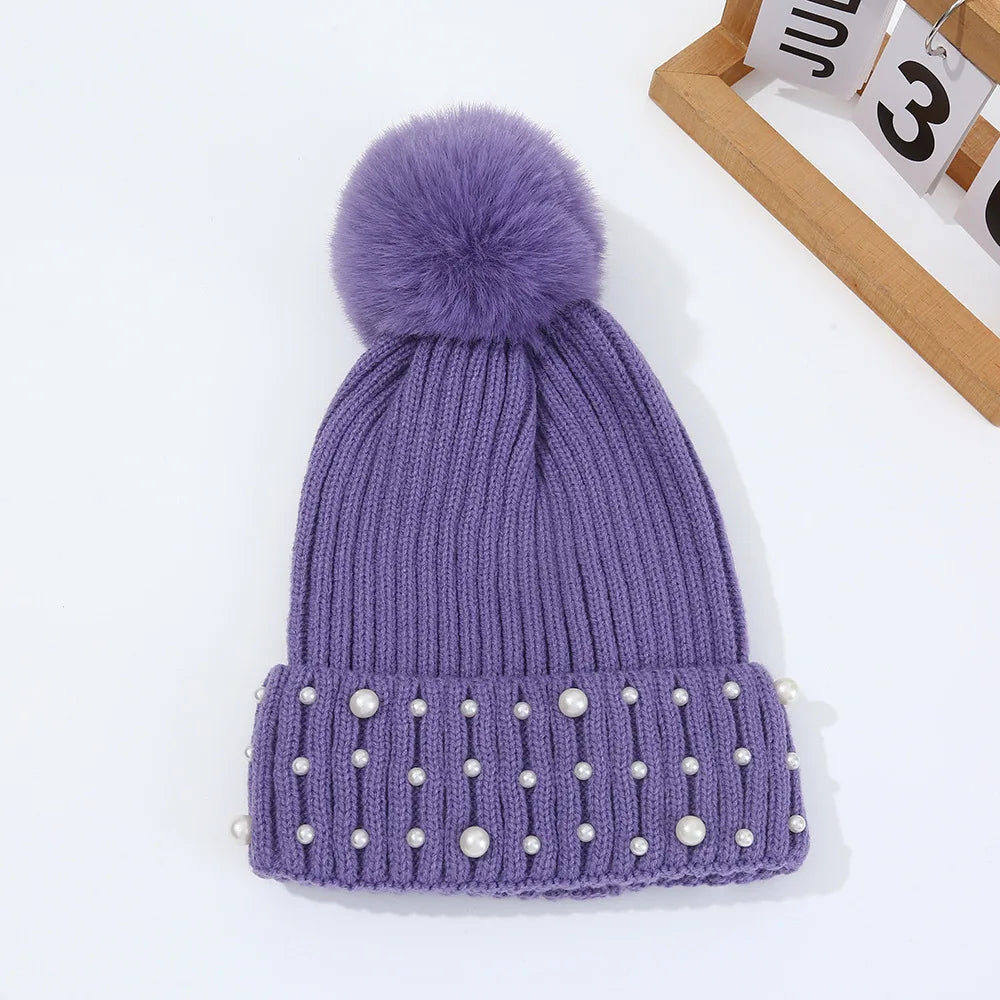 Gorro de Invierno con Pompón y Perlas - Gorro Tejido Cálido para Mujer
