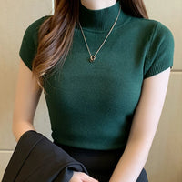 Korean Knit Slim Turtleneck Blouse – Solid Short Sleeve Women's Top