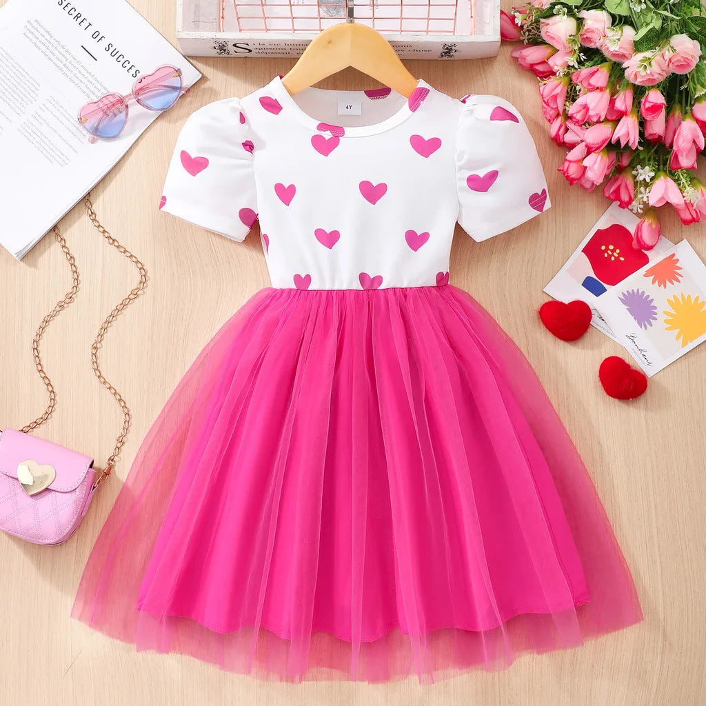 Heart Print Mesh A-Line Dress – Sweet Princess Summer Dress for Girls Ages 2–7
