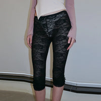 Leggings de Encaje Transparente Estilo Y2K - Mallas Capri con Malla Floral y Lazo Decorativo