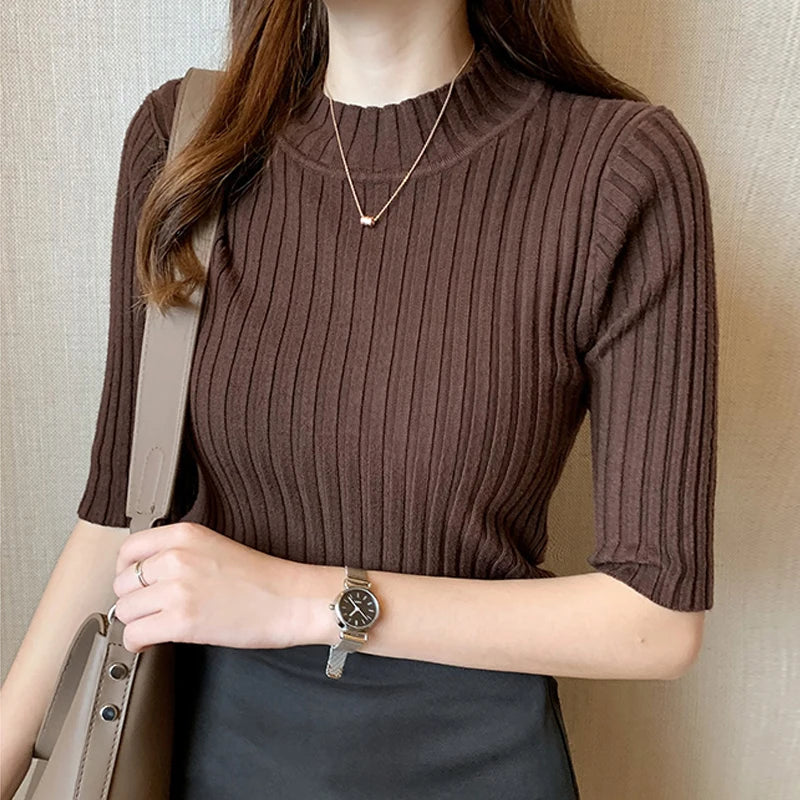 Half High Collar Short Sleeve Knit Pullover – Solid Women's Blouse