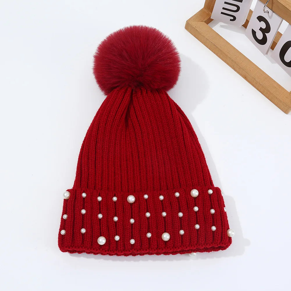 Gorro de Invierno con Pompón y Perlas - Gorro Tejido Cálido para Mujer