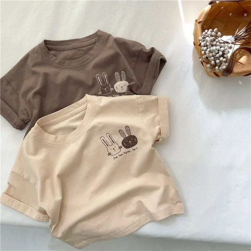 2025 Summer New Arrivals Children's short sleeve T-shirts Pure Cotton 2-7Y Cartoon Bunny T shirt Boys and Girls Looe casual Tops