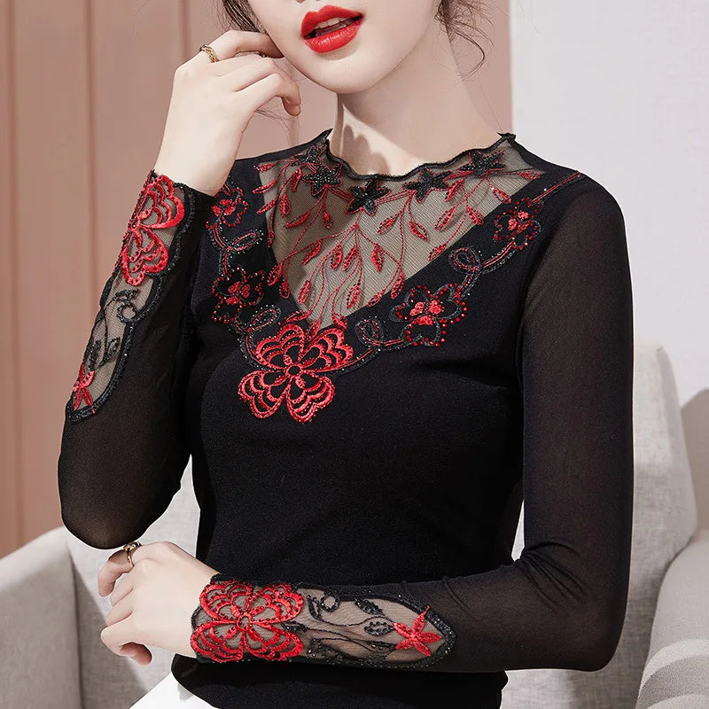 Elegant Lace Long Sleeve T-Shirt – Slim Fit Embroidered Floral Top