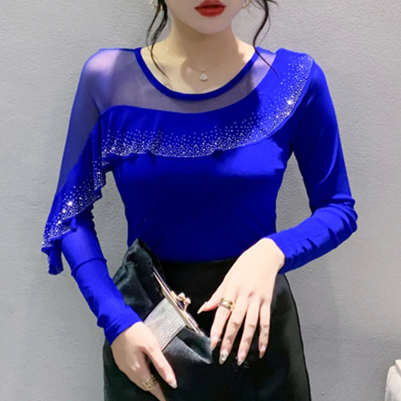 Korean Mesh Ruffle Top with Hot Diamonds | Long Sleeve Slim Fit Women's Shirt