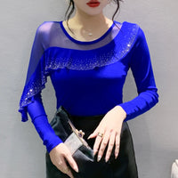 Korean Mesh Ruffle Top with Hot Diamonds | Long Sleeve Slim Fit Women's Shirt