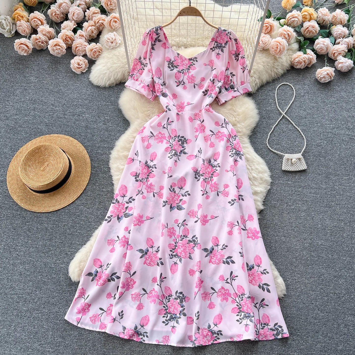 Contrast Color Print A-Line Midi Dress | Sweet High Waist Short Sleeve Women's Summer Dress