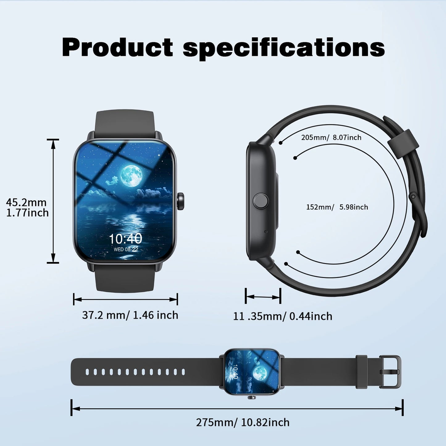 Smart watch, wireless calling, customizable dial, remote photography, multiple sports modes, suitable for iPhone/Android
