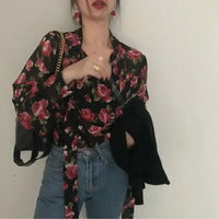 Retro Floral Lace-Up Bow Collar Long Sleeve Blouse – Korean Style Women's Top