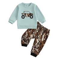 Baby Boy Autumn Clothes Construction Truck Applique Crew Neck Sweater Camo Jogger Pants 2 Piece Outfit Set