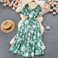 Contrast Color Print A-Line Midi Dress | Sweet High Waist Short Sleeve Women's Summer Dress