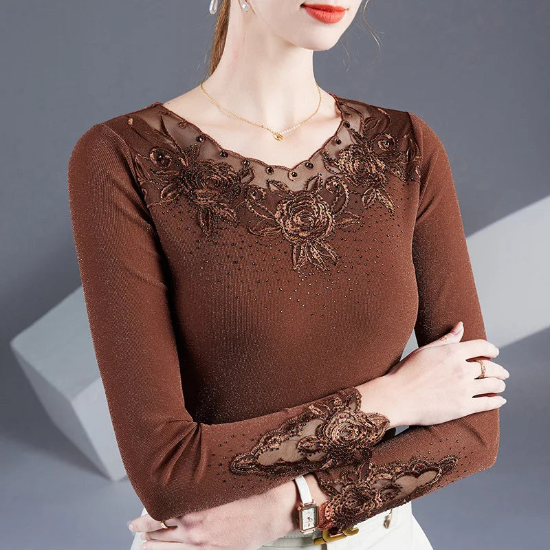 Embroidered Diamond Lace Long Sleeve Top – Loose Fit O-Neck Women's Tee