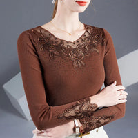 Embroidered Diamond Lace Long Sleeve Top – Loose Fit O-Neck Women's Tee