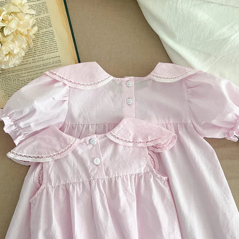 Baby Girls Petal Collar Cotton Romper | Sleeveless Patchwork Jumpsuit, Ages 0–24M