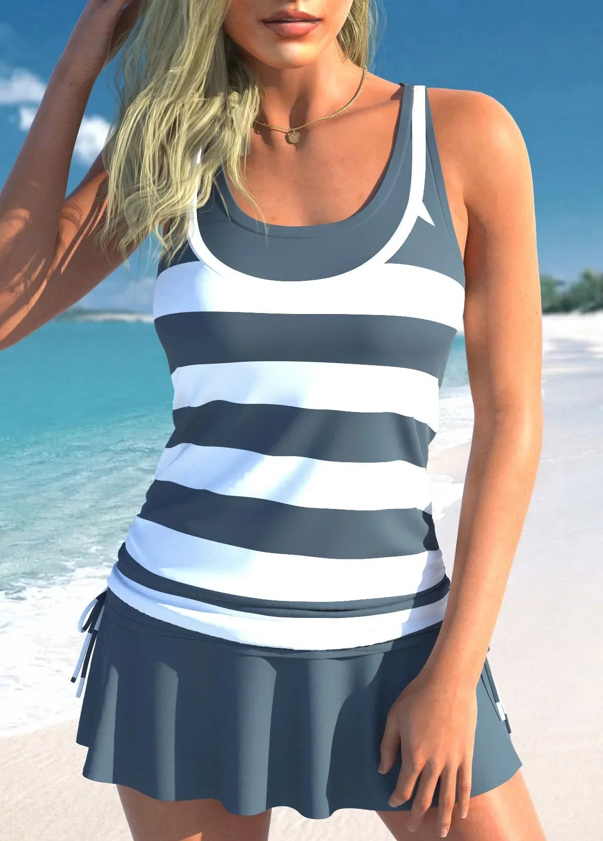 New Summer High Elastic Bikini Set Wave Stripe Print Two Piece Tank Top Sexy Women's Beach Swimsuit S-6XL