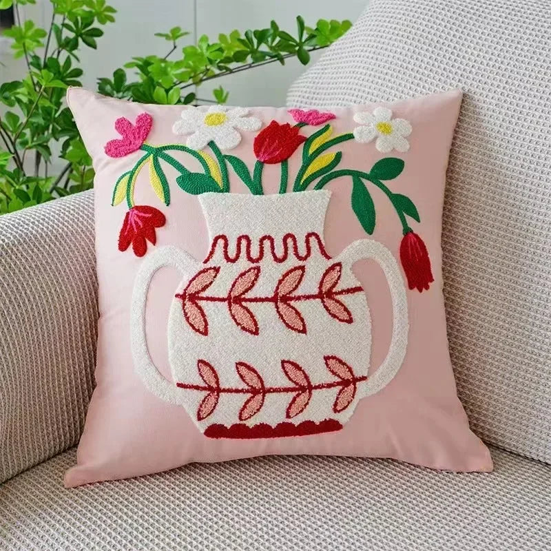 Floral Embroidered Cotton Pillow Cover - Rustic Decorative Cushion Case