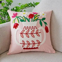 Floral Embroidered Cotton Pillow Cover - Rustic Decorative Cushion Case