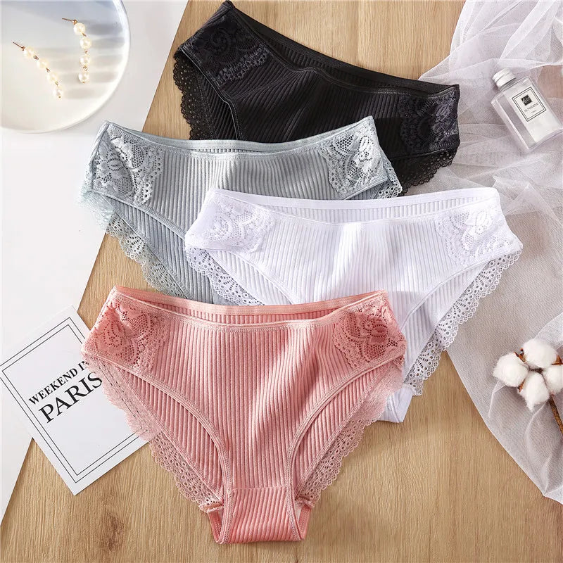 Panties de Algodón con Encaje Floral FINETOO - Lencería Sexy Mujer M-XXL