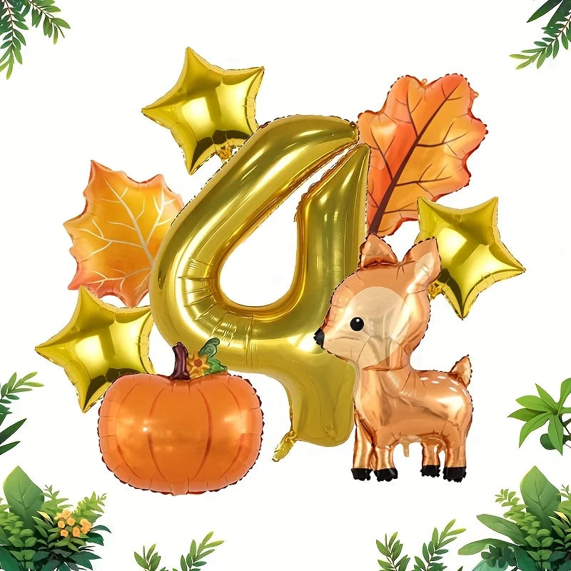 8Pcs Autumn Forest Animals Kids Birthday Party Decoration Fawn Maple Foil Balloon With 1-9 Number Balloon Thanksgiving Deco Gift