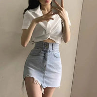 Cross-Front Turn-Down Collar Crop Blouse – Korean Chic Slim Fit Women's Summer Top